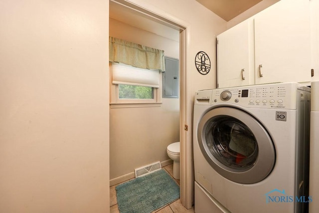 633 Hillcrest Ave, Findlay, OH 45840 - laundry area featuring washing machine and dryer, tile patterned flooring, baseboards, and electric panel