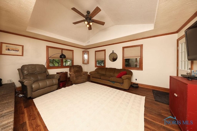 633 Hillcrest Ave, Findlay, OH 45840 - living room featuring dark wood-type flooring, baseboards, a ceiling fan, vaulted ceiling, and a textured ceiling