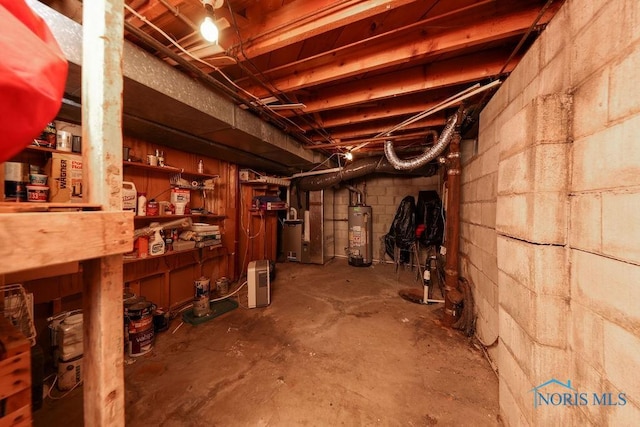 633 Hillcrest Ave, Findlay, OH 45840 - unfinished basement featuring water heater, concrete block wall, and heating unit