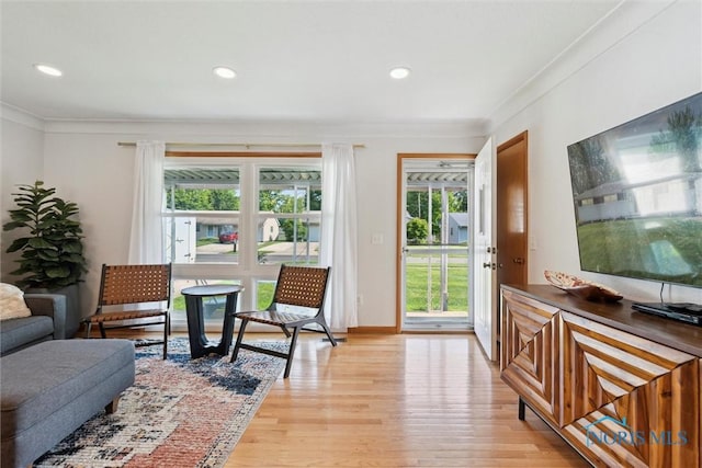 955 Westmont Ave, Napoleon, OH 43545 - living area featuring light wood-style flooring, ornamental molding, and recessed lighting