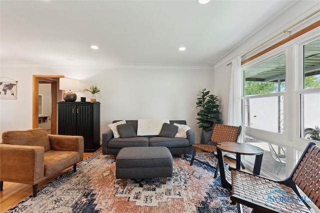 955 Westmont Ave, Napoleon, OH 43545 - living room with ornamental molding, wood finished floors, and recessed lighting