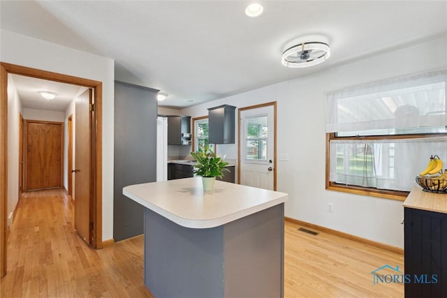 955 Westmont Ave, Napoleon, OH 43545 - kitchen featuring light countertops, light wood-style floors, gray cabinetry, and a kitchen island
