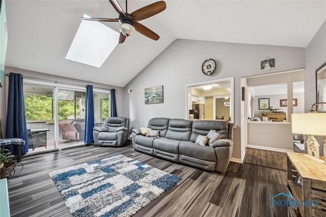 29674 E River Rd, Perrysburg, OH 43551 - living area with a ceiling fan, dark wood finished floors, high vaulted ceiling, and a skylight