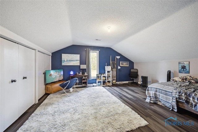 29674 E River Rd, Perrysburg, OH 43551 - bedroom featuring dark wood-type flooring, lofted ceiling, a textured ceiling, and baseboards
