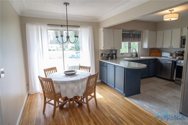 1133 Cuba St, Toledo, OH 43615 - kitchen with appliances with stainless steel finishes, a sink, a peninsula, light wood finished floors, and light countertops