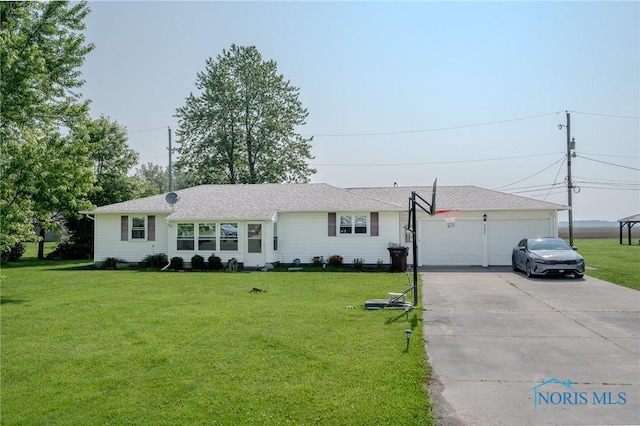 327 Klingler Rd, Paulding, OH 45879 - single story home featuring a front yard, concrete driveway, a shingled roof, and a garage