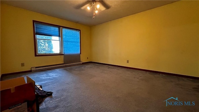 13926 Rd 154, Paulding, OH 45879 - unfurnished room with a baseboard heating unit, ceiling fan, carpet floors, and baseboards