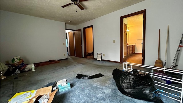 13926 Rd 154, Paulding, OH 45879 - carpeted bedroom with a textured ceiling, connected bathroom, ceiling fan, and baseboards