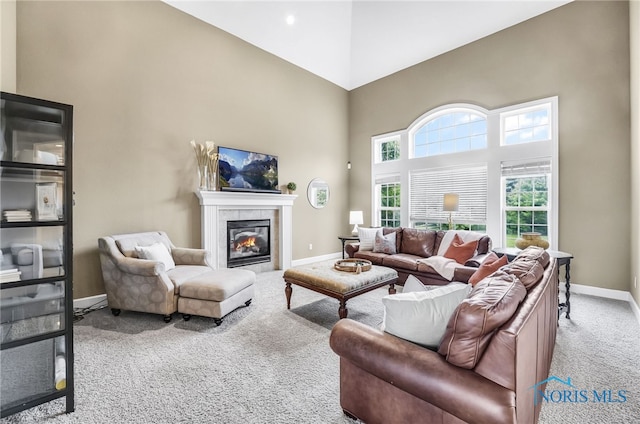 4360 Turtle Creek Dr, Perrysburg, OH 43551 - carpeted living room with a high ceiling, baseboards, and a fireplace