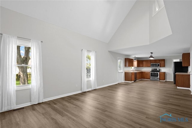1141 Oriole Dr, Bowling Green, OH 43402 - unfurnished living room featuring high vaulted ceiling, a sink, dark wood finished floors, and baseboards