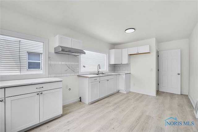 345 W Manhattan Blvd, Toledo, OH 43608 - kitchen featuring under cabinet range hood, a sink, light wood-style flooring, white cabinets, and light countertops