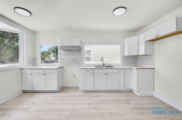 345 W Manhattan Blvd, Toledo, OH 43608 - kitchen with a sink, light wood finished floors, white cabinets, under cabinet range hood, and light countertops