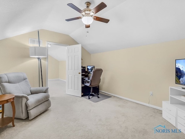 1104 Bernath Pkwy, Toledo, OH 43615 - carpeted home office with vaulted ceiling, a ceiling fan, and baseboards