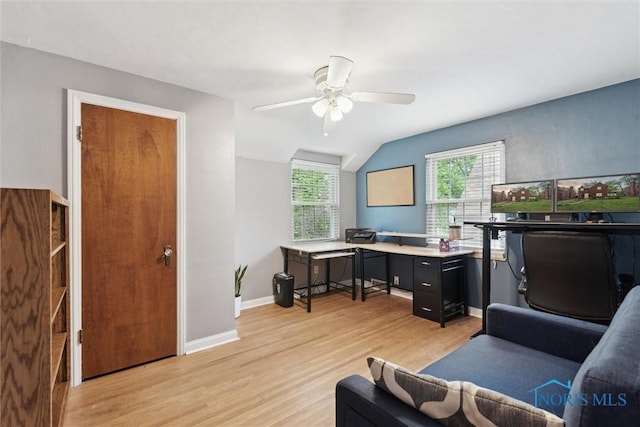 3127 Drummond Rd, Toledo, OH 43606 - home office with light wood-style flooring, lofted ceiling, a ceiling fan, and baseboards