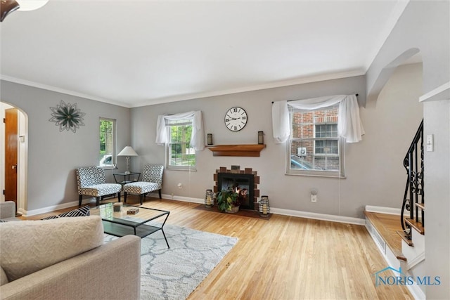 3127 Drummond Rd, Toledo, OH 43606 - living room with arched walkways, a glass covered fireplace, wood finished floors, baseboards, and crown molding