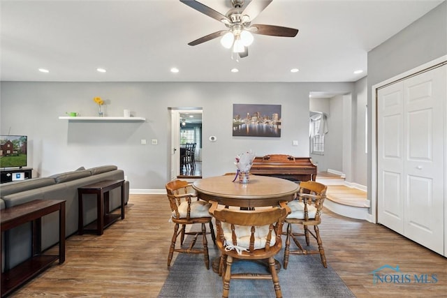 3127 Drummond Rd, Toledo, OH 43606 - dining area with baseboards, wood finished floors, a ceiling fan, and recessed lighting