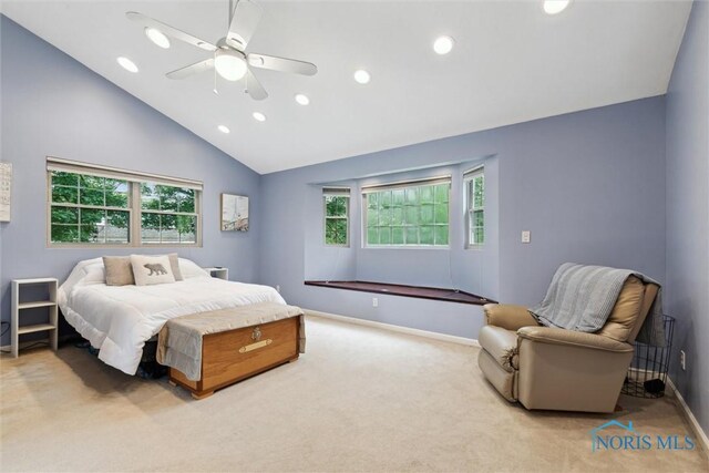 3127 Drummond Rd, Toledo, OH 43606 - bedroom with carpet floors, recessed lighting, baseboards, a ceiling fan, and high vaulted ceiling