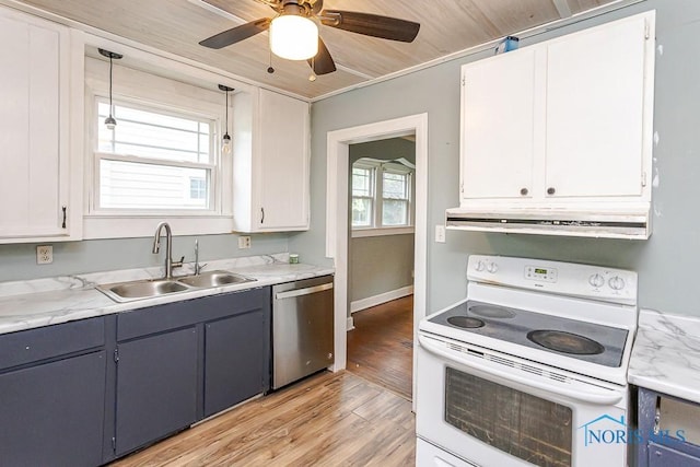 3819 Rushland Ave, Toledo, OH 43613 - kitchen featuring white electric stove, stainless steel dishwasher, under cabinet range hood, light wood finished floors, and light countertops