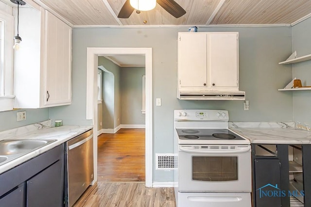 3819 Rushland Ave, Toledo, OH 43613 - kitchen with white range with electric cooktop, dishwasher, under cabinet range hood, light wood-style floors, and ceiling fan