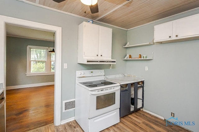 3819 Rushland Ave, Toledo, OH 43613 - kitchen featuring white electric stove, white cabinets, wood finished floors, under cabinet range hood, and wood ceiling