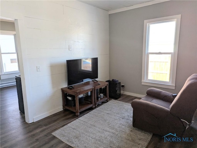 726 S Lynn St, Bryan, OH 43506 - living area with dark wood finished floors, baseboards, and a baseboard radiator