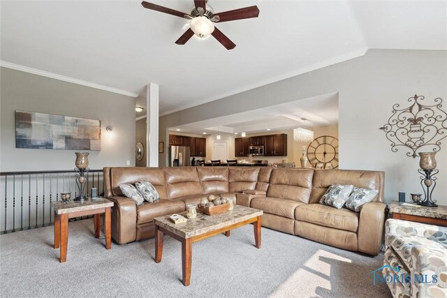 10 Hidden Village Ln, Holland, OH 43528 - living room featuring a ceiling fan, crown molding, and light carpet