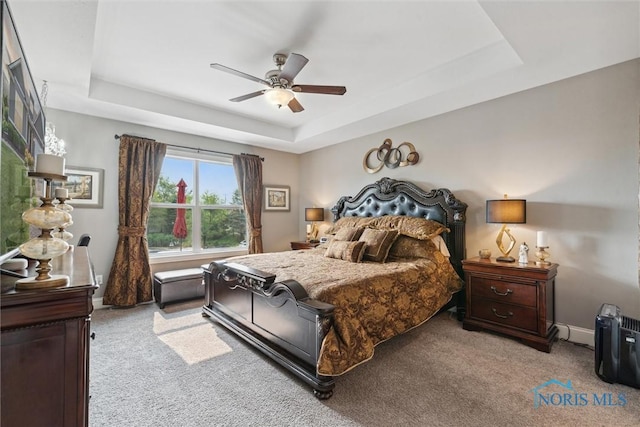 10 Hidden Village Ln, Holland, OH 43528 - bedroom featuring a tray ceiling, light carpet, and a ceiling fan