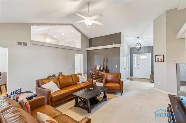 3112 Jacob Dr, Findlay, OH 45840 - living room with a ceiling fan, light colored carpet, high vaulted ceiling, baseboards, and recessed lighting