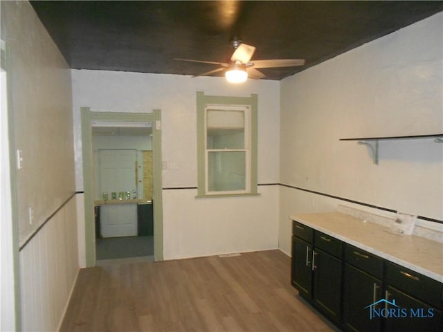 2815 Mulberry St, Toledo, OH 43608 - kitchen featuring dark cabinetry, wood finished floors, ceiling fan, and light countertops