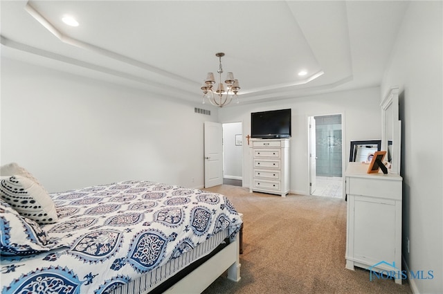 16187 Sugar Maple Ct, Findlay, OH 45840 - bedroom with light colored carpet, a tray ceiling, a chandelier, recessed lighting, and baseboards