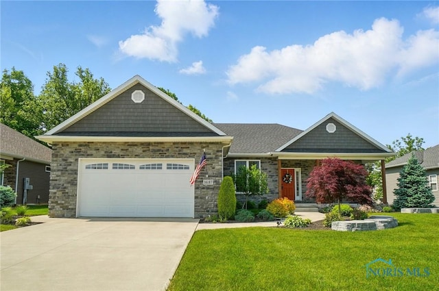 16187 Sugar Maple Ct, Findlay, OH 45840 - craftsman inspired home with a front yard, concrete driveway, a garage, and stone siding