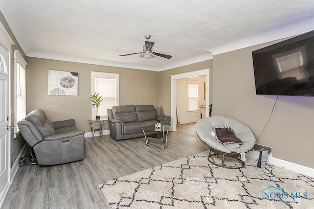 1129 Mason St, Toledo, OH 43605 - living area featuring ceiling fan, wood finished floors, and baseboards