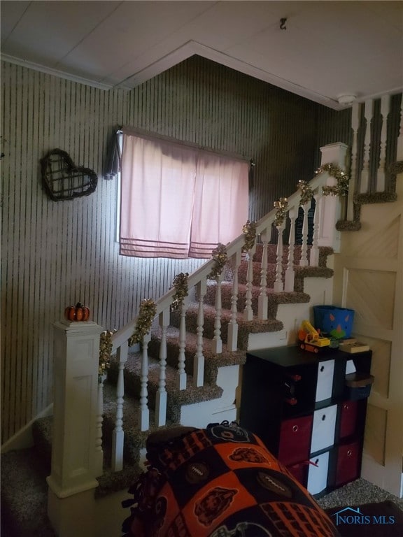 406 S State St, Pioneer, OH 43554 - stairs with lofted ceiling and carpet