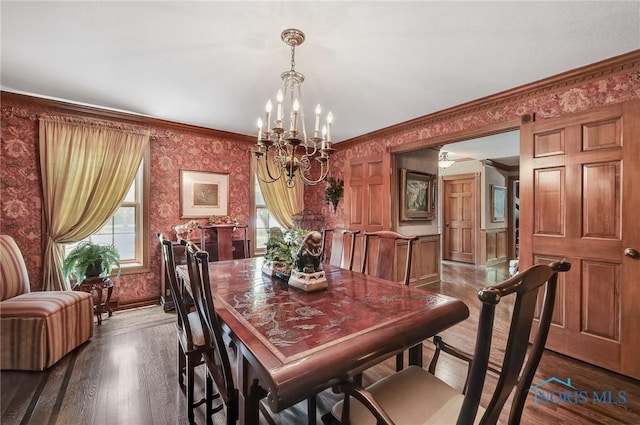 25840 W River Rd, Perrysburg, OH 43551 - dining room featuring wallpapered walls, a chandelier, wood finished floors, and ornamental molding