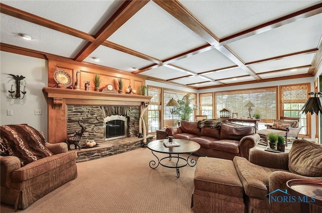 25840 W River Rd, Perrysburg, OH 43551 - living area featuring carpet flooring, a stone fireplace, beamed ceiling, coffered ceiling, and crown molding