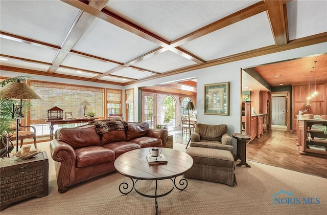 25840 W River Rd, Perrysburg, OH 43551 - carpeted living area with coffered ceiling, beam ceiling, and crown molding