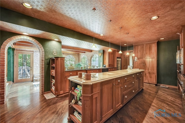 25840 W River Rd, Perrysburg, OH 43551 - kitchen featuring open shelves, a center island, dark wood-style floors, baseboards, and recessed lighting
