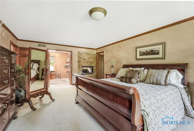 25840 W River Rd, Perrysburg, OH 43551 - carpeted bedroom featuring a multi sided fireplace and crown molding