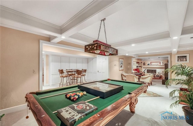 25840 W River Rd, Perrysburg, OH 43551 - game room with pool table, carpet floors, beamed ceiling, baseboards, and crown molding