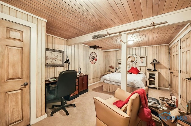 25840 W River Rd, Perrysburg, OH 43551 - bedroom with wooden ceiling, carpet floors, an office area, and wood walls