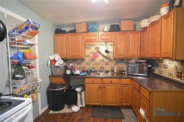 2617 York St, Toledo, OH 43605 - kitchen with a sink, backsplash, dark wood-style floors, and dark countertops