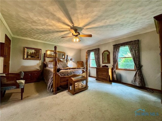 1508 Darbyshire Dr, Defiance, OH 43512 - bedroom with carpet floors, crown molding, baseboards, ceiling fan, and a textured ceiling