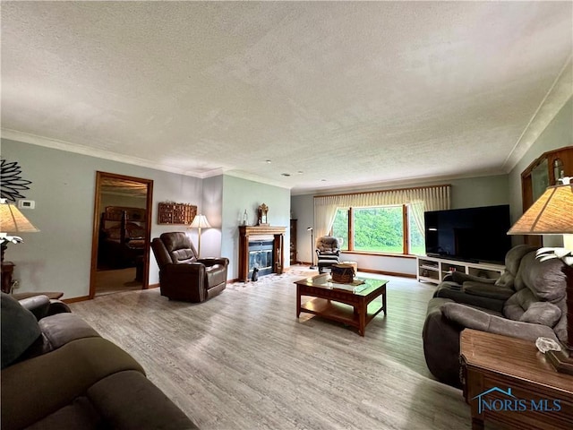 1508 Darbyshire Dr, Defiance, OH 43512 - living area with a textured ceiling, wood finished floors, a glass covered fireplace, baseboards, and crown molding
