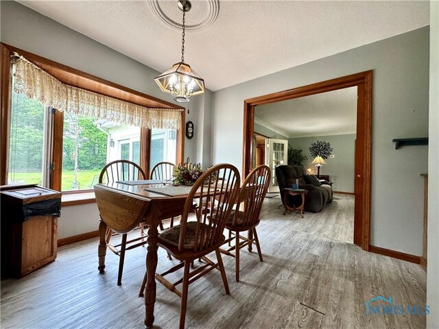 1508 Darbyshire Dr, Defiance, OH 43512 - dining room featuring baseboards, a chandelier, light wood-type flooring, and a textured ceiling