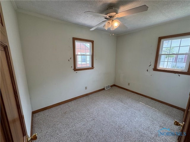 1001 Wilhelm St, Defiance, OH 43512 - spare room featuring carpet floors, ornamental molding, a textured ceiling, a ceiling fan, and baseboards