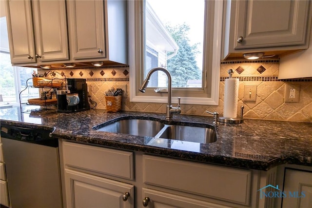 7663 Cortland Ct, Holland, OH 43528 - kitchen featuring a sink, decorative backsplash, stainless steel dishwasher, and dark stone countertops