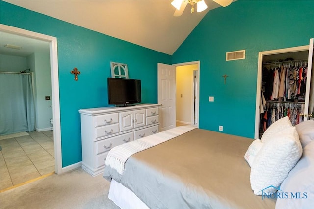 7663 Cortland Ct, Holland, OH 43528 - bedroom featuring lofted ceiling, a ceiling fan, a closet, light carpet, and baseboards