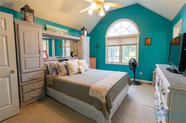 7663 Cortland Ct, Holland, OH 43528 - bedroom featuring light carpet, lofted ceiling, and ceiling fan