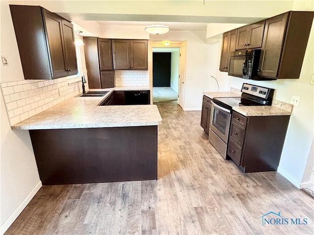 1105 S Lallendorf Rd, Oregon, OH 43616 - kitchen featuring stainless steel electric stove, black microwave, dark brown cabinetry, light wood finished floors, and light countertops