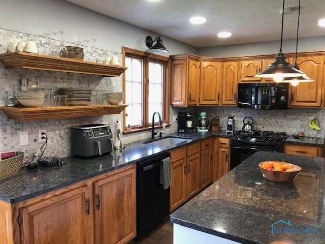 415 W Jamestown Ave, Tiffin, OH 44883 - kitchen with black appliances, open shelves, a sink, decorative backsplash, and brown cabinetry